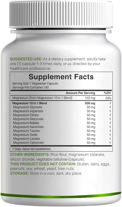 Magnesium Complex 500mg 480 Veggie Capsules – Pack of 2 | 10-in-1 Glycinate Citrate Malate Oxide &amp More – 100% Chelated for Easy Absorption – Essential Mineral Supplement – Non-GMO