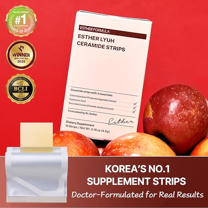 ESTHER FORMULA Ceramide Strips (15 ct) Fast-Absorbing Oral Beauty Film with Phytoceramides &amp Hyaluronic Acid for Hydration Barrier Support &amp Elasticity - Ceramides Supplement
