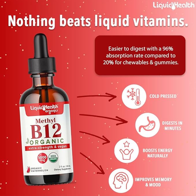 LIQUIDHEALTH Optimum Joint Liquid Supplement &amp Organic Methyl B12 5000mcg Vitamin Drops with Tart Cherry Juice for Immune Support Bone &amp Joint Health Naturl Energy Boost Improved Focus &amp