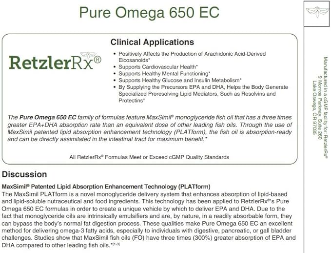 HormoneSynergy® Omega 650 EC Fish Oil - 60 Enteric Coated Softgels - 3X's Greater Absorption* - MaxSimil® monoglyceride Fish Oil