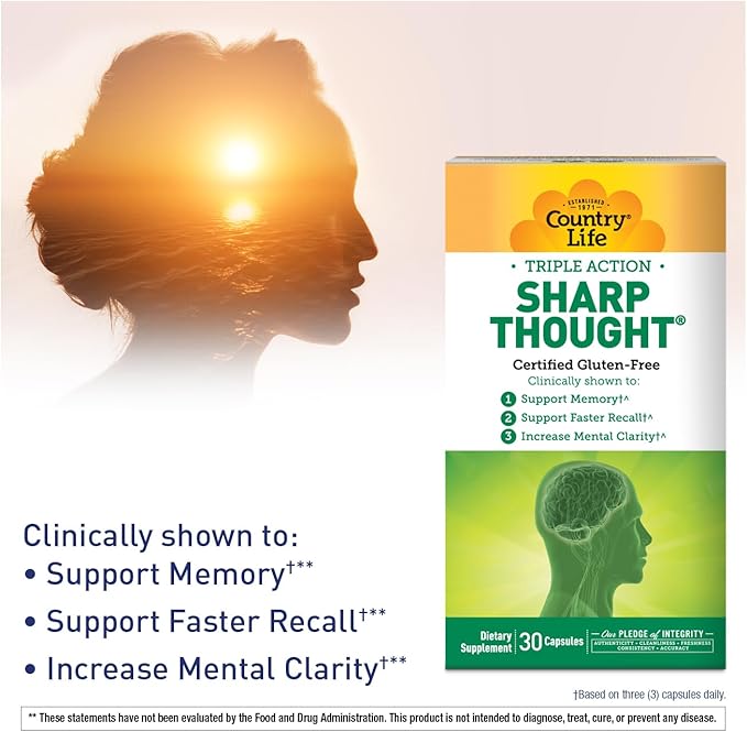 Country Life Sharp Thought - Memory &amp Cognitive Support Supplement – Sharp-PS Gold Phosphatidylserine + DHA – Promotes Mental Clarity &amp Faster Recall – Gluten-Free 30 Capsules