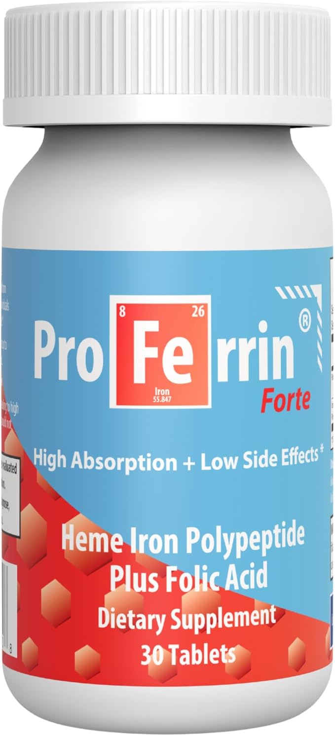 Proferrin Forte-12mg of high Absorbing Heme Iron Polypeptide. Easy on the Gut. 30 Tablets. 1mg of Folic Acid to aid in red Blood Cell Production. Not affected by Coffee Calcium or PPI's.
