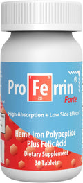 Proferrin Forte-12mg of high Absorbing Heme Iron Polypeptide. Easy on the Gut. 30 Tablets. 1mg of Folic Acid to aid in red Blood Cell Production. Not affected by Coffee Calcium or PPI's.