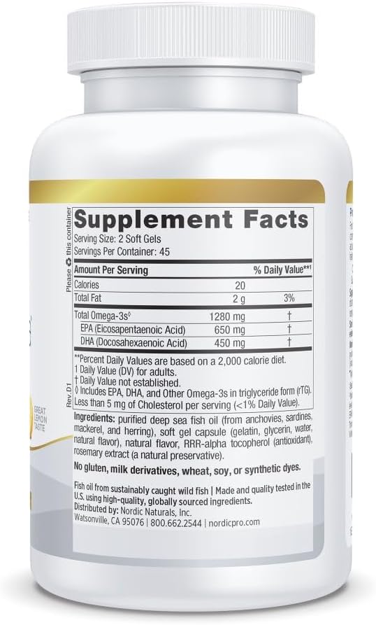 Nordic Naturals ProOmega Lemon Flavor - 90 Soft Gels - 1280 mg Omega-3 - High-Potency Fish Oil with EPA &amp DHA - Promotes Brain Eye Heart &amp Immune Health - Non-GMO - 45 Servings