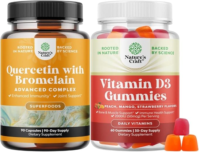 Bundle of Pure Quercetin with Bromelain Supplement + 500mg Capsules for Immune Support &amp Breathing and Vitamin D3 Gummies for Daily Wellness with 2000IU per Serving for Bone &amp Muscle Support