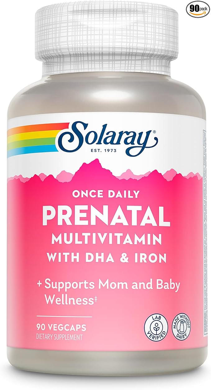 SOLARAY Once Daily Prenatal Multivitamin with DHA &amp Iron Prenatal Vitamins and Minerals for Expectant Mothers Easy Morning Herbal Blend &amp Whole Food Base Lab Verified 90 Servings 90 VegCa