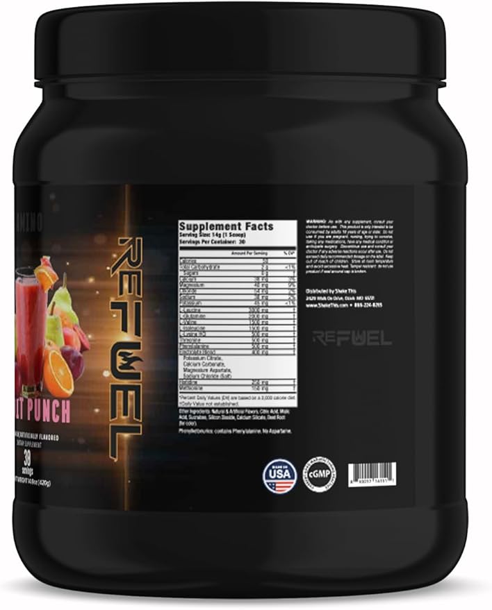 ReFUEL Amino EAA + Hydration Fruit Punch Flavor 30 Servings Essential Amino Acids with Electrolytes 14.8 oz