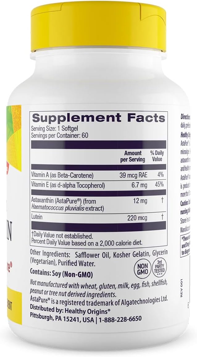 Healthy Origins Astaxanthin 12 mg (Natural Astapure Triple Strength Non-GMO Gluten Free Eye Support Joint Support Immune Support) 60 Softgels