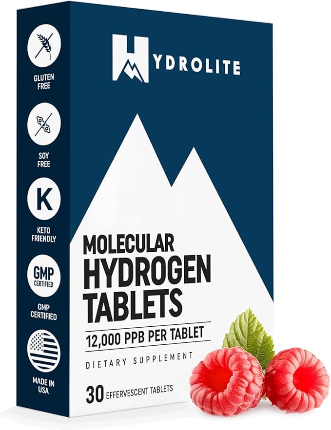 HydroLite Molecular Hydrogen Tablets for Drinking Water | Highest Concentration H2 12000 PPB | Energy Booster Enhance Performance &amp Recovery | Made in USA 30 Tablets (Raspberry)