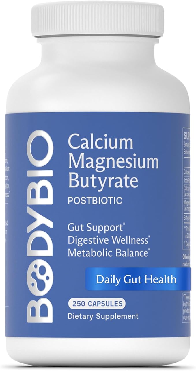 BodyBio Butyrate - Postbiotic for Gut Health Digestive Support Bloat Gas &amp Constipation Relief Leaky Gut Repair - Calcium Magnesium + Butyric Acid Supplement for GI Wellness
