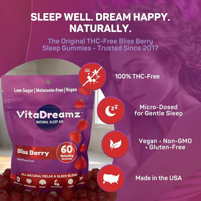 Melatonin-Free Sleep Gummies | Magnesium Ashwagandha Tart Cherry &amp L-Theanine | Natural Calm &amp Restful Sleep Support | Vegan Sugar Free Bliss Berry | 60 Count