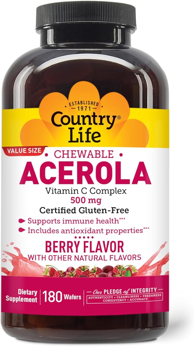 Country Life Acerola Vitamin C Complex 500mg Chewable Berry Flavored Wafers Supports Immune Health 180 Wafers Certified Gluten Free by GFCO  Certified Vegan by AVA