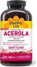 Country Life Acerola Vitamin C Complex 500mg Chewable Berry Flavored Wafers Supports Immune Health 180 Wafers Certified Gluten Free by GFCO  Certified Vegan by AVA