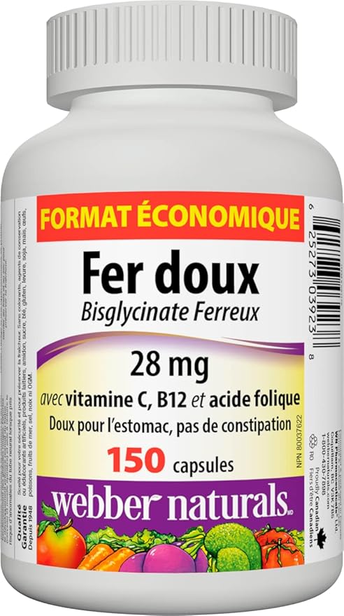 Webber Naturals Gentle Iron Supplement with Vitamin C B12 and Folic Acid 28 mg 150 Capsules Stomach-Friendly Non-Constipating Helps Prevent Iron Deficiency Anemia