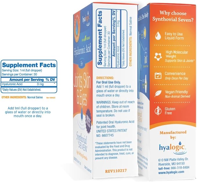 Hyalogic Synthovial Seven Hyaluronic Acid Liquid - HA Support - Vegan - 1 oz