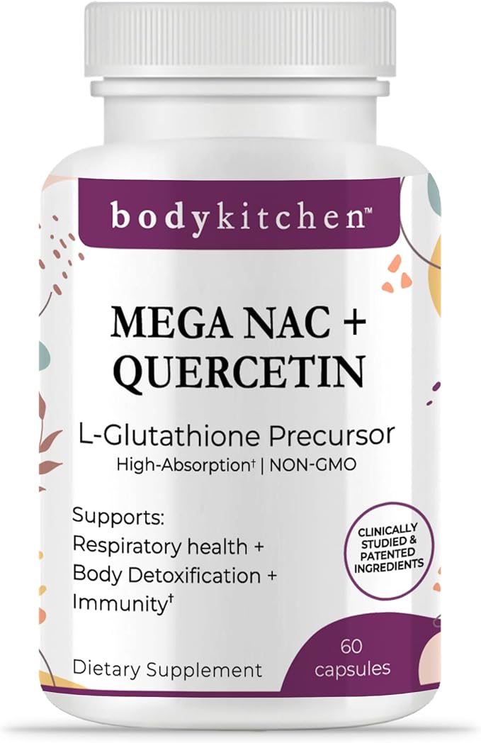 Body Kitchen Mega NAC (N-Acetyl Cysteine) 600 mg with Quercetin Supports Respiratory Health and Immune Function and Promotes Liver and Kidney Detox Veggie Caps (Pack of 1)