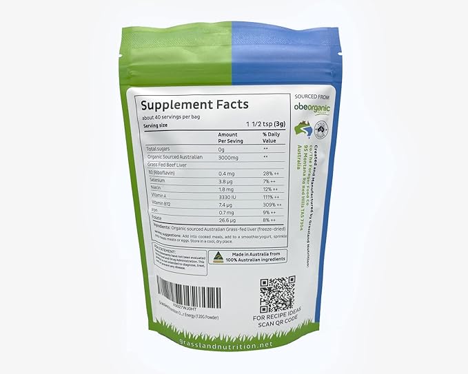 Grassland Nutrition Organic Grass Fed Beef Liver (Freeze Dried) — Natural Iron Vitamin A B12 for Energy (120G Powder)
