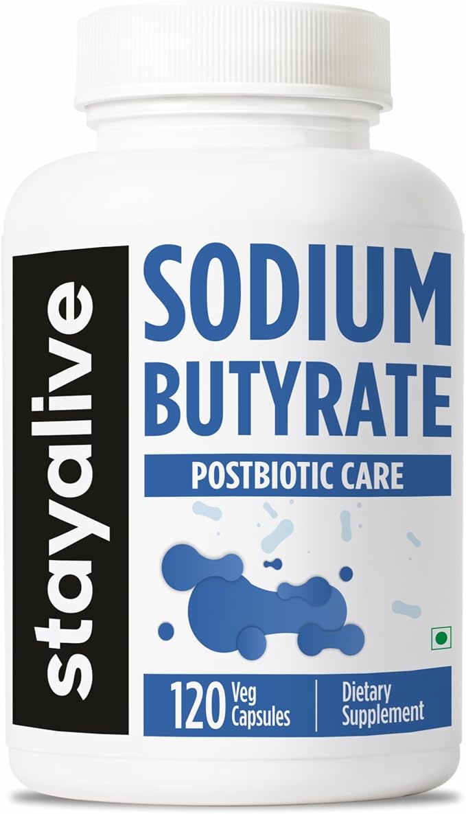 STAY ALIVE Sodium Butyrate Supplement 1200mg Pure Butyric Acid Postbiotic 120 Count 2 Month Supply Non-GMO and Gluten-Free Butyrate Powder Capsules