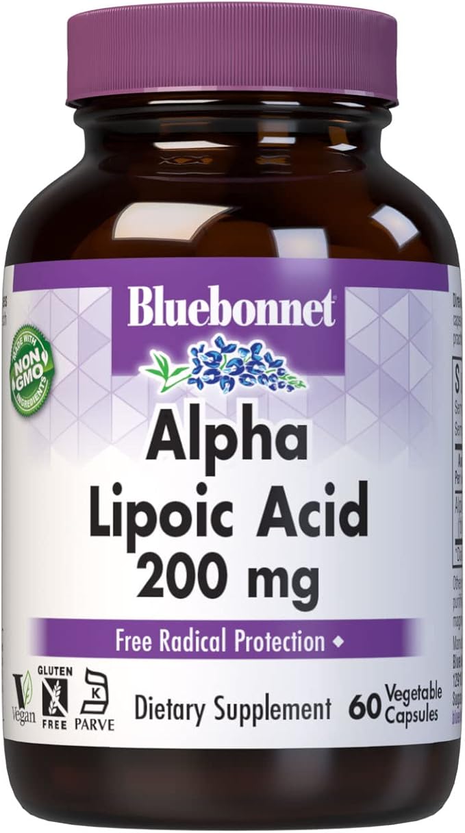 Bluebonnet Alpha Lipoic Acid 200mg - Powerful Antioxidant Nerve Support Supplement - For Women &amp Men Daily - Non-GMO Vegan Kosher - Gluten-Free Soy-Free Dairy-Free - 60 Vegetable Capsules