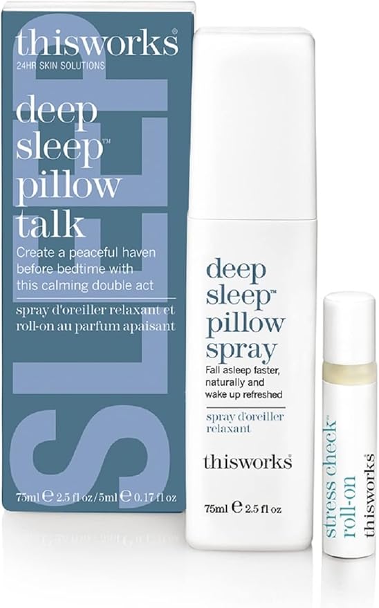 This Works Deep Sleep Pillow Talk Set – Natural Sleep Remedy Duo with Lavender Camomile &amp Vetivert – 75ml Pillow Spray &amp 5ml Stress-Check Roll-On ($42 Value Set)