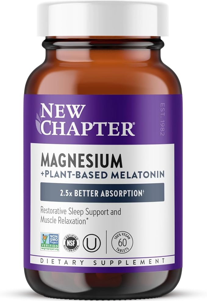 New Chapter Magnesium + Plant-Based Melatonin Supplement with 2.5X Better Absorption Magnesium Glycinate &amp Non-GMO Melatonin 1 mg from Tomato – Sleep Aid &amp Muscle Relaxation* - 60 Tablets