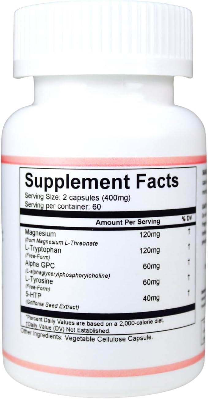 Mental Support Supplement with Magnesium L-Threonate Alpha GPC L-Tyrosine L-Tryptophan &amp 5-HTP – Supports Mental Acuity Mood &amp Relaxation – 120 Vegetarian Capsules