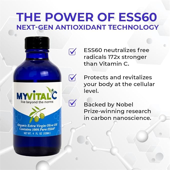 MyVitalC Organic Extra Virgin Olive Oil - Pure ESS60 Antioxidant Supplement - for Anti-Aging Oxidation Longevity Sleep More Energy - 120ML