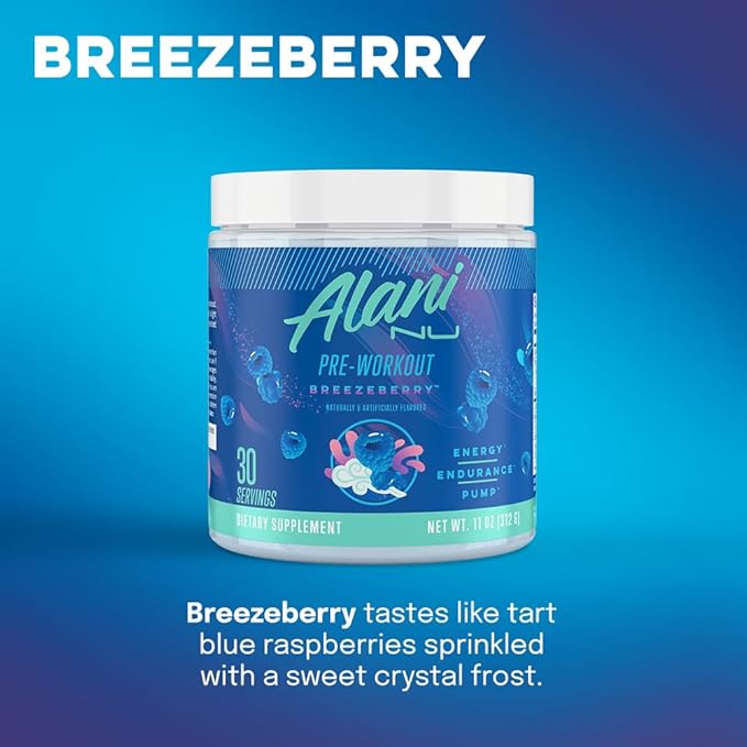 Alani Nu Pre Workout Powder BREEZEBERRY Amino Energy Boost Endurance Supplement Sugar Free 200mg Caffeine L-Theanine Beta-Alanine L-Citrulline 30 Servings