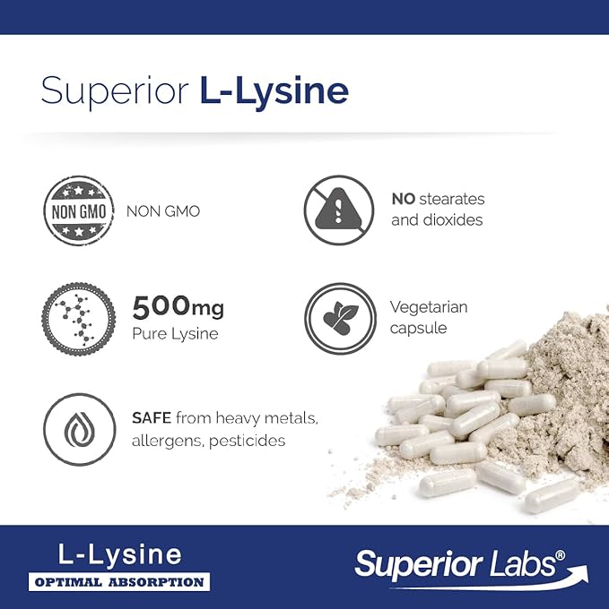 Superior Labs L-Lysine 500 mg Capsules Pure Non-GMO Third-Party Tested No Fillers Gluten Free Supports Immune System Promotes Calcium Absorption 120 Caps