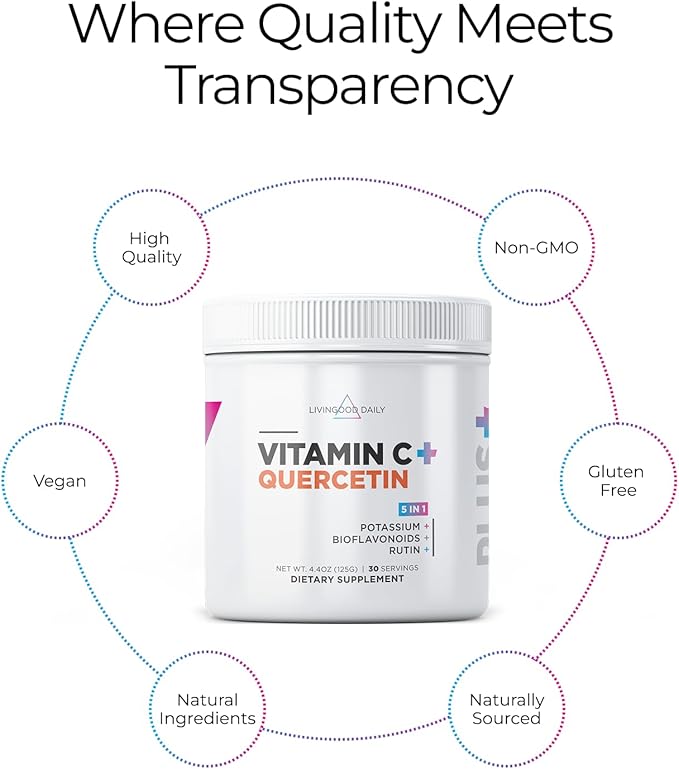 Livingood Daily High Dose Vitamin C Powder Supplement 2600 MG Ascorbic Acid Powder Supports Immunity &amp Skin Health Powdered Vitamin C with Quercetin Sweetened with Stevia Vegan 30 Servings