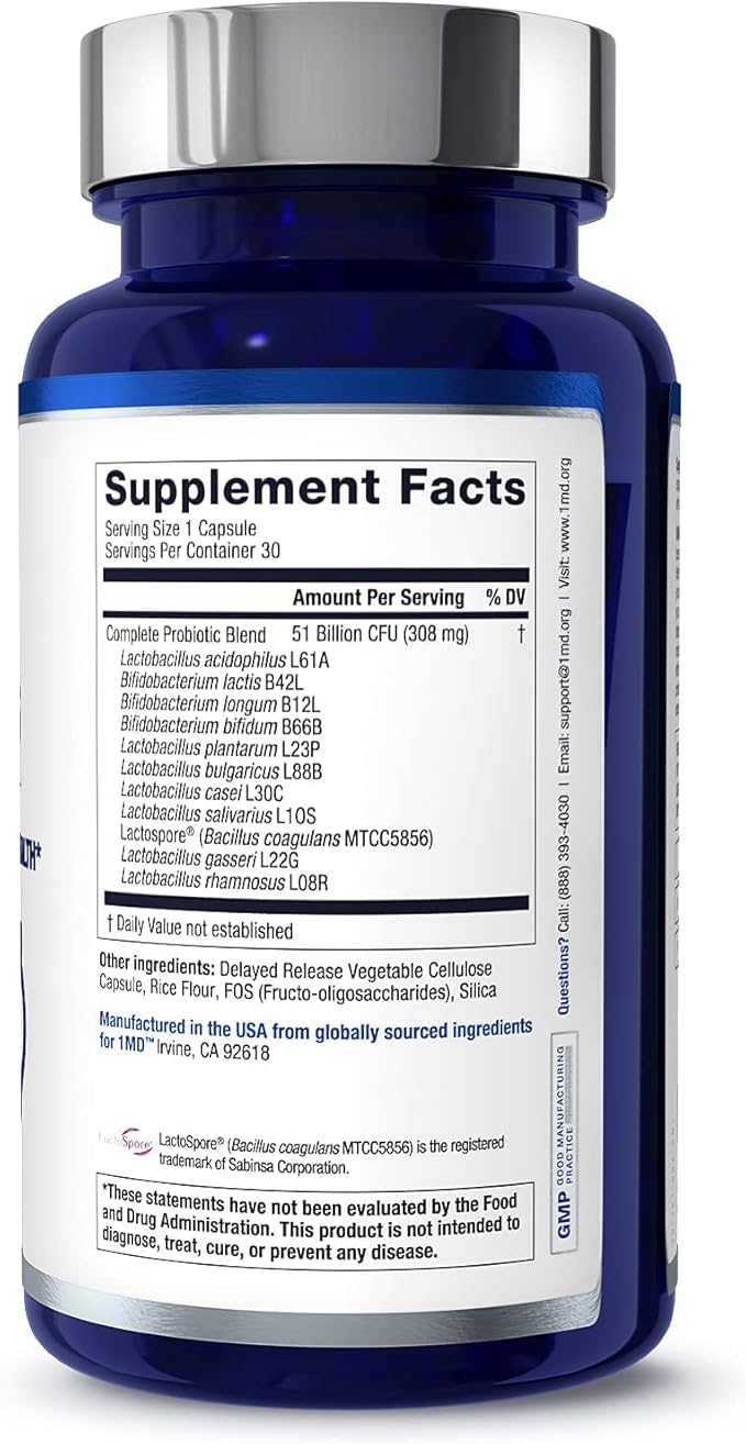 1MD Complete Probiotics Platinum | Supports Digestive Health | with Nourishing Prebiotics 51 Billion Live CFU 11 Strains Dairy-Free | 30 Vegetable Capsules (2-Pack)