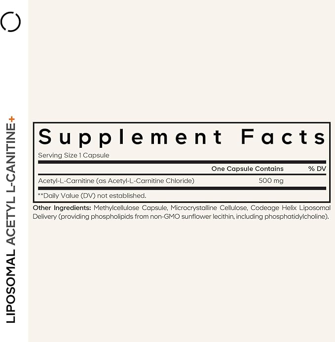 Codeage Liposomal Acetyl-L-Carnitine+ Supplement - 500 mg Acetyl-L-Carnitine per Serving - 3-Month Supply Liposomal Delivery - Alcar Supplement - L-Carnitine - Non-GMO Gluten-Free 90 Capsules