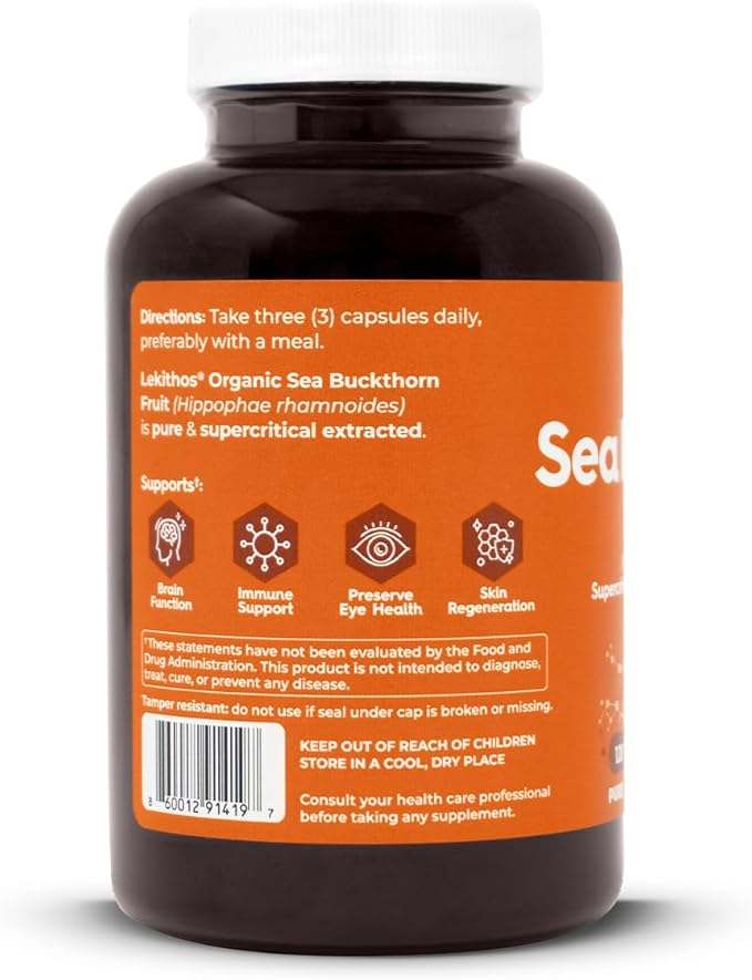 Organic Sea Buckthorn Capsules | Organic Omega 6-7-9 Complex | 1125mg Per Serving | Supports Skin Barrier and Inflammatory Response | USDA Organic Vegan Non-GMO Gluten-Free | 120 Capsules