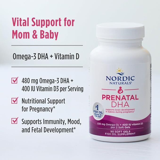 Nordic Naturals Prenatal DHA Unflavored - 180 Soft Gels - 830 mg Omega-3 + 400 IU Vitamin D3 - Supports Brain Development in Babies During Pregnancy &amp Lactation - Non-GMO - 90 Servings