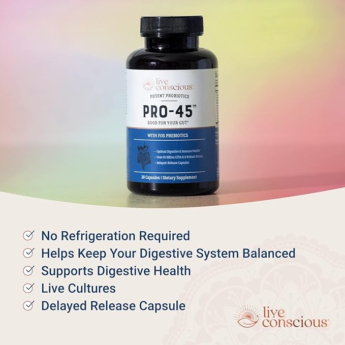 Live Conscious PRO45 Probiotics for Women &amp Men: Comprehensive Formula 45 Billion CFU 11 Strains Dairy Free - w/Prebiotics and Probiotics - Promotes Immune &amp Gut Health - 30 Veggie Caps
