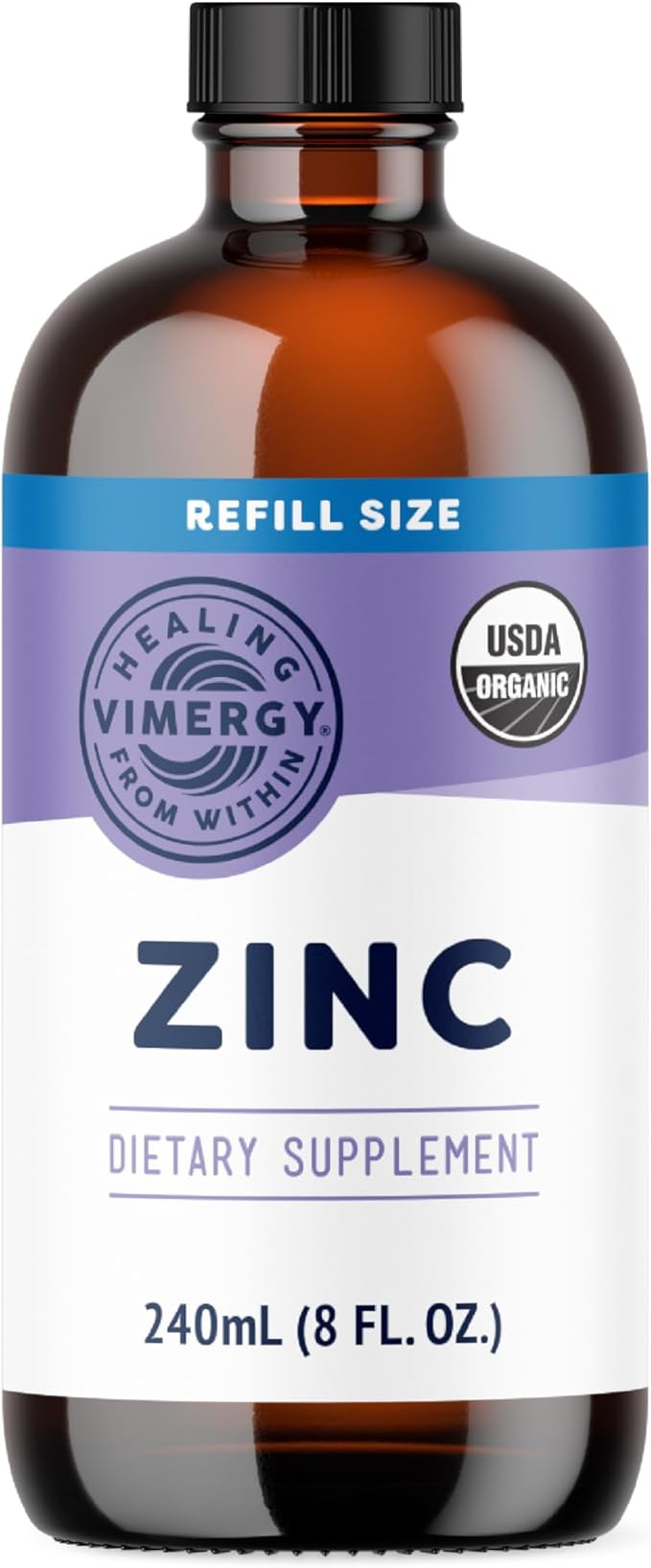 VIMERGY USDA Organic Zinc Supplements for Women &amp Men (7.5mg Liquid Zinc Per Serving) Fast-Absorbing Immune Support Promotes Healthy Bones &amp Skin Vegan Up to 120 Servings (240mL)