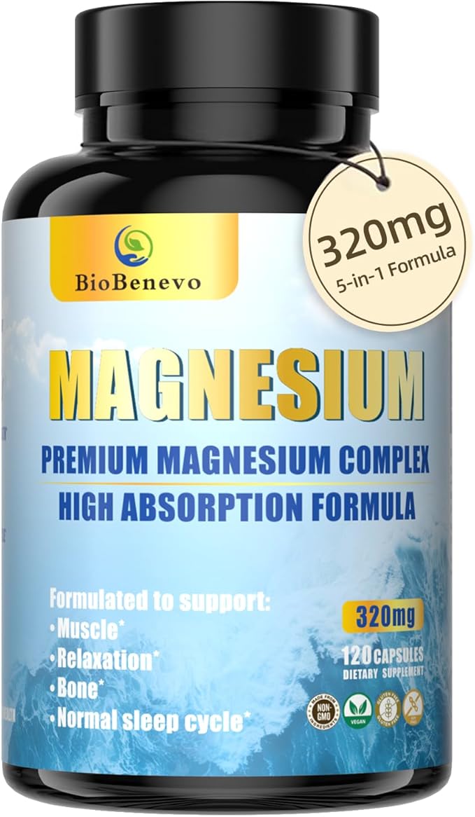 5-in-1 Magnesium Complex | 320mg of Magnesium Glycinate Malate Citrate… | Support for Sleep Muscle Relaxation and Energy Metabolism | High Absorption | Vegan Non-GMO | 120 Capsules