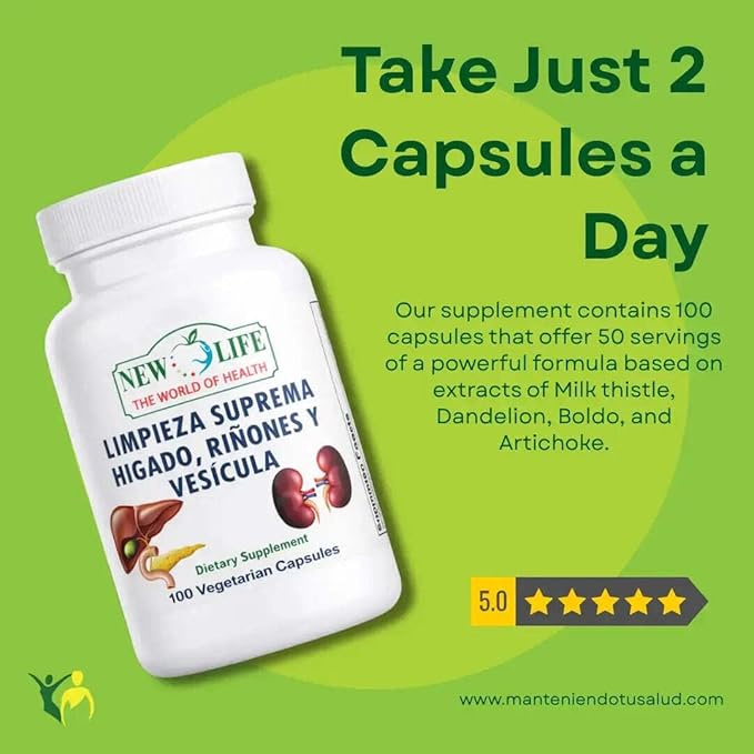 New Life Limpieza Suprema Hígado Riñones y Vesicula Healthy Liver Supplement Dandelion Root Milk Thistle Extract 100 Capsules