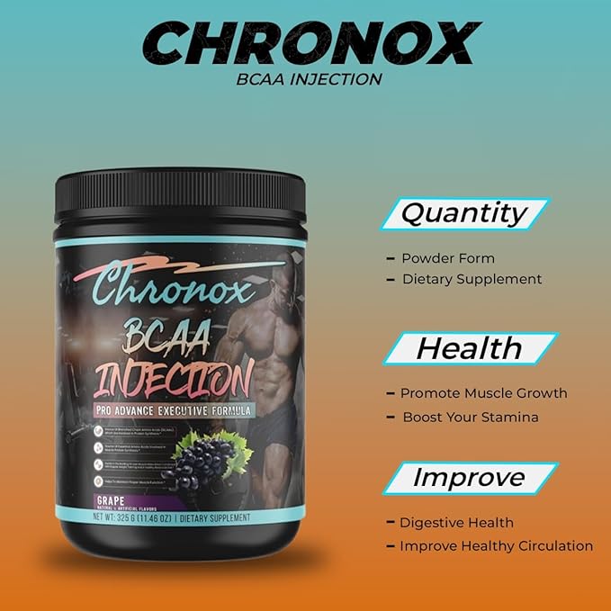Chronox BCAA Amino Acids Energy Powder-Grape Flavor 11.46 OZ-Sugar-Free Pre &amp Post Workout Supplement for Muscle Recovery Hydration Energy and Fitness Performance