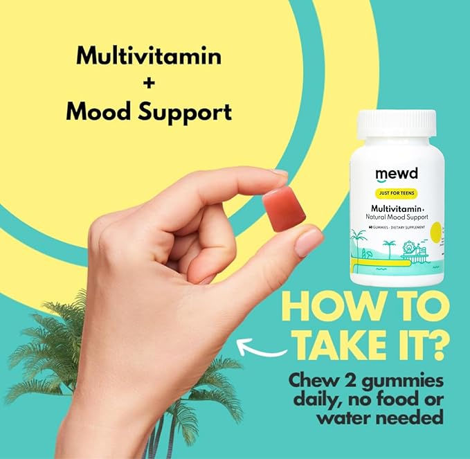 MEWD Teen and Kids Mood Support Multivitamin Gummies - Natural Focus &amp Calm with L-Theanine Vitamins A C D3 B6 B9 &amp B12 Plus Zinc &amp Iron - Vegan Immune Booster Gluten-Free Brain Hea