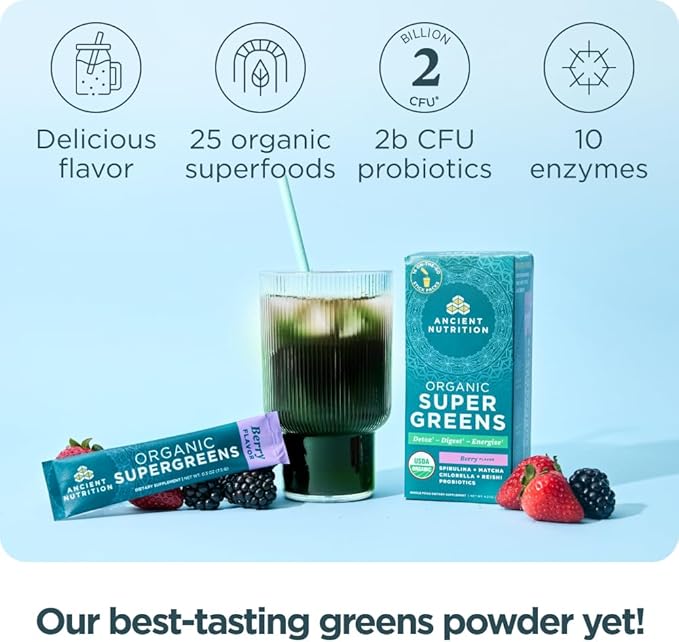 Ancient Nutrition SuperGreens Powder with Probiotics Organic Berry Flavor Greens Made from Real Fruits Vegetables and Herbs Digestive and Energy Support 16 Stick Packs 4.2oz
