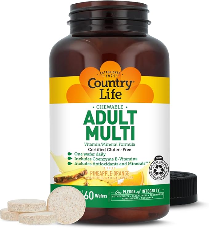 Country Life Adult Chewable Multivitamin with Coenzyme B-Vitamins Antioxidants Minerals Pineapple-Orange Flavor - Supports Energy Metabolism and Immune Health Gluten Free - 60 Wafers