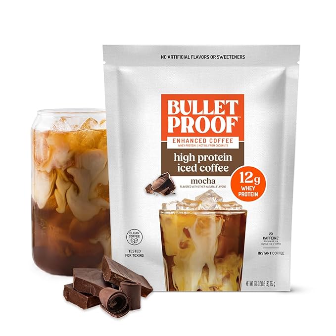 Bulletproof Iced Protein Coffee Mocha 12g Whey Protein + MCT Oil 170mg Caffeine Instant Coffee from Real Beans &amp Cocoa Tested for Toxins No Artificial Flavors &amp Sweeteners 14 Servings