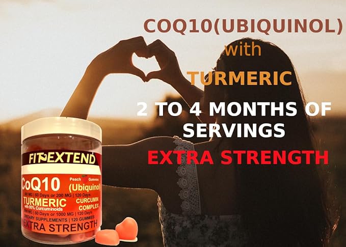 COQ10 200mg Ubiquinol &amp Turmeric Gummies 1000mg 120 Days Peach Turmeric Gummies Anti-Aging Extra Strength Curcumin Antioxidant Formula Extra Strength Unisex