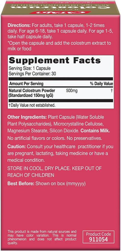 CATALO Bovine Colostrum Supplement for Women &amp Men - 30% IgG Immunoglobulins Formula - 500mg Colostrum Extract per Capsule - Plant-Based Capsules 30 Capsules