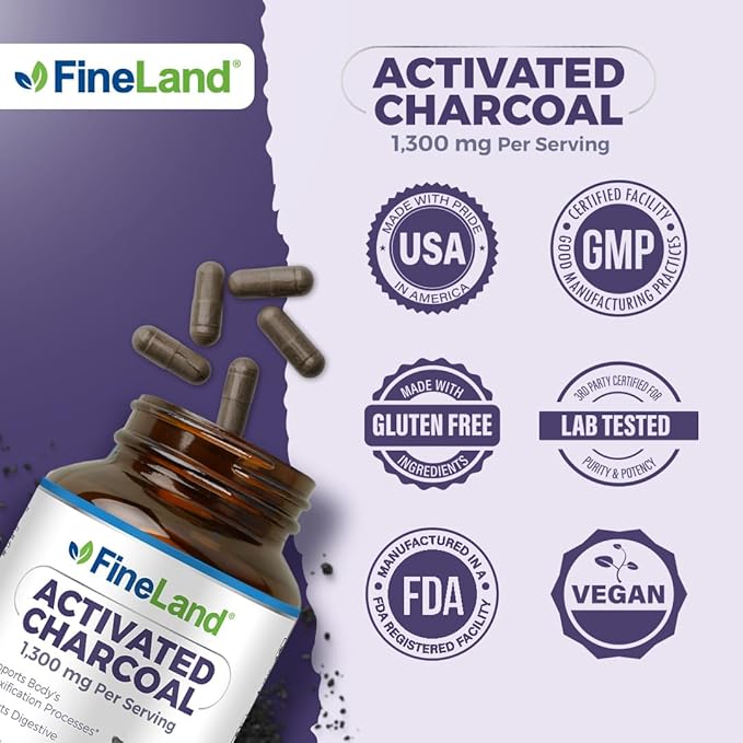 FineLand Activated Charcoal 1300mg - Advanced Digestive Detox Cleanse Helps with Gas and Bloating Circulation &amp Cholesteroal Support - Made in USA 120 Vegan Pills