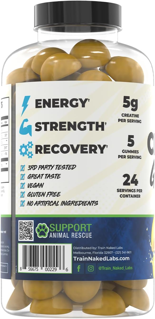 Train Naked Labs Creatine Gummies | Gummy Creatine Chewables for Men &amp Women | 5g per Serving | Gluten Free &amp Vegan | 120 Gummies 24 Servings (Lemon Drop)