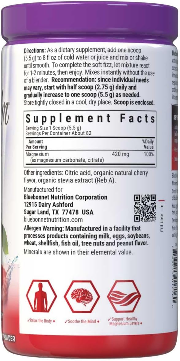 Bluebonnet Nutrition Simply Calm Powder for Calm* Muscle Cramps* Stress Relief* Non-GMO Vegan Kosher Certified Gluten-Free Soy-Free Dairy-Free 16 oz 82 Servings Cherry Flavor