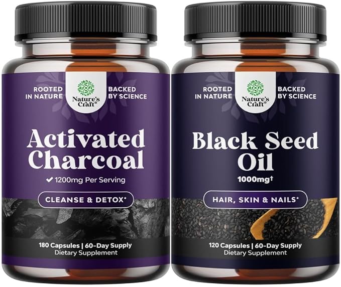 Bundle of Activated Charcoal Pills Detox &amp Cleanse - Purifying Coconut Capsules with 1200 mg Per Serving for Bloating Relief and Cold Pressed Black Seed Oil Capsules - Vegan Nigella Sativa Black C