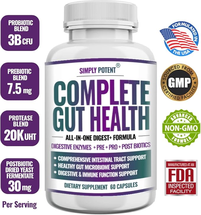Simply Potent |Digestive Enzymes with PrebioticsProbiotics &amp Postbiotics – 4-in-1 Complete Gut Health Formula with Bacillus CoagulansAmylaseLipase &amp Bromelain |Non-GMOGlutenFreeVegan |60